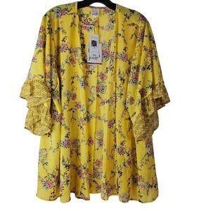 Belle Du Jour Womens 2X Yellow Floral SS Sheer Flowy Rayon Blouse NWT Jacket